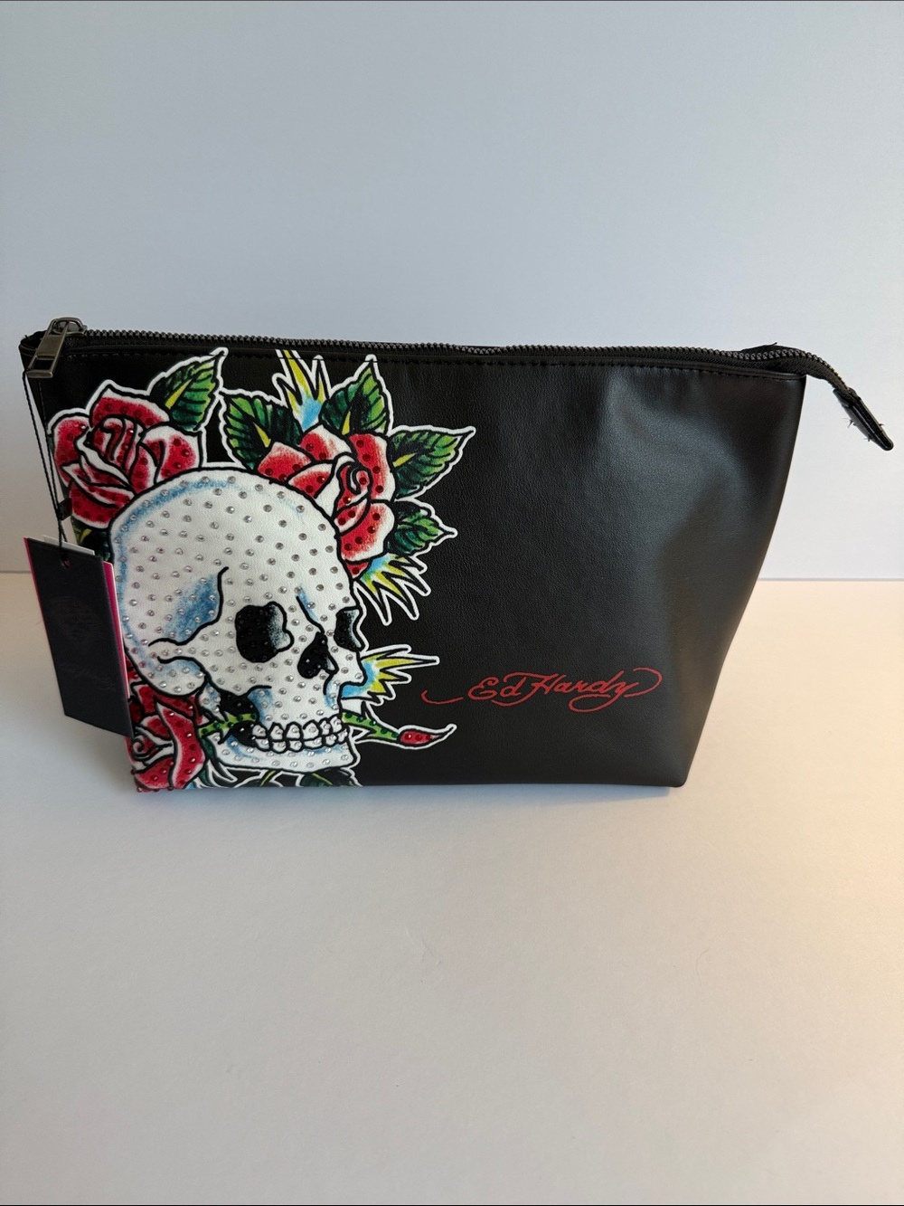 Ed Hardy Black Cosmetic Pouch with Skull & Red Roses